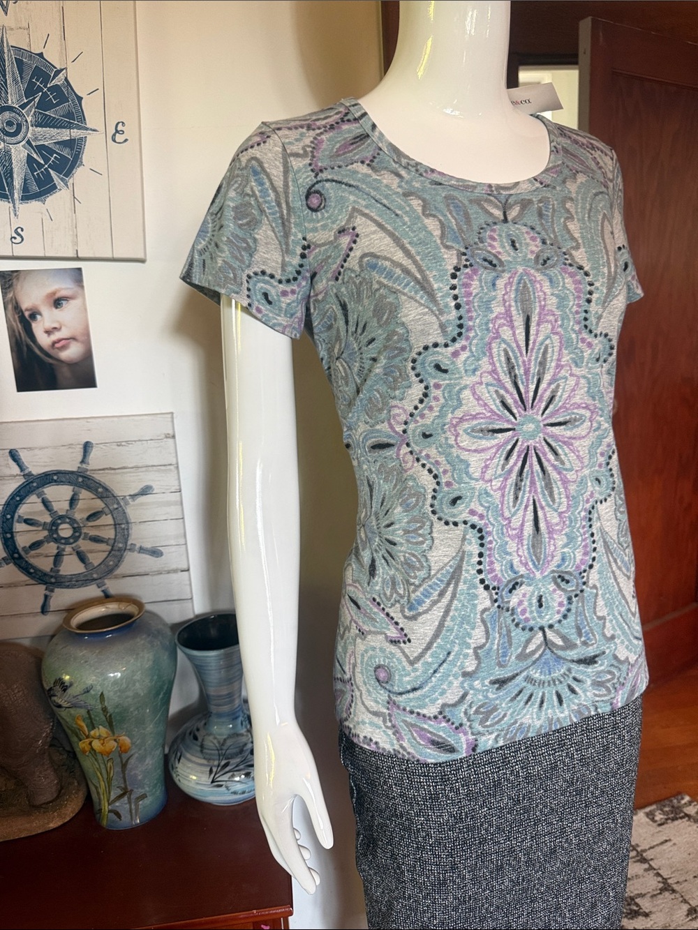 NWT Style&Co size small Gray Paisley Short-Sleeve Tee with Lavender & Teal Accen
